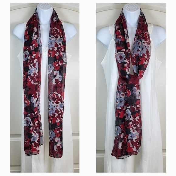 Black, Red and White Floral Print Lightweight Scarf -  70" x 20" - Picture 5 of 8